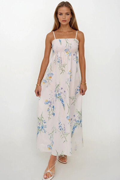 VAGGON Women's Blue Floral Patterned Rope Strap Midi Length Dress Vs00186