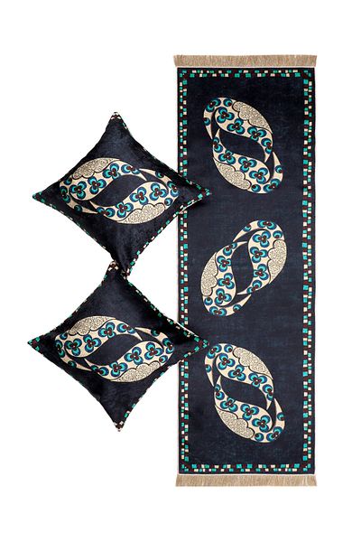 Bursa İpek Velvet Runner Set - Navy Blue