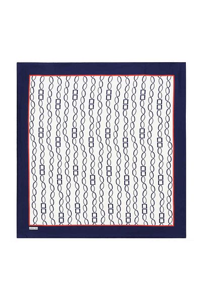 Bursa İpek Ecru Navy Blue Chain Pattern Twill Silk Scarf