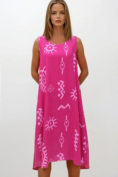 VAGGON Women's Pink Patterned Double Pocket Sleeveless Relaxed Cut Dress Vs00269