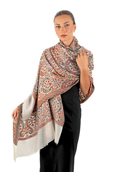 Bursa İpek Jacquard Patterned Red Wool Shawl