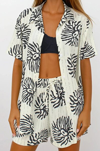 VAGGON Women's Beige Double Pocket Elastic Waist Shorts Oversize Shirt Suit Vs00216