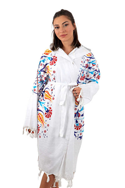 Bursa İpek Yellow Red Printed Tulip Pattern Bathrobe