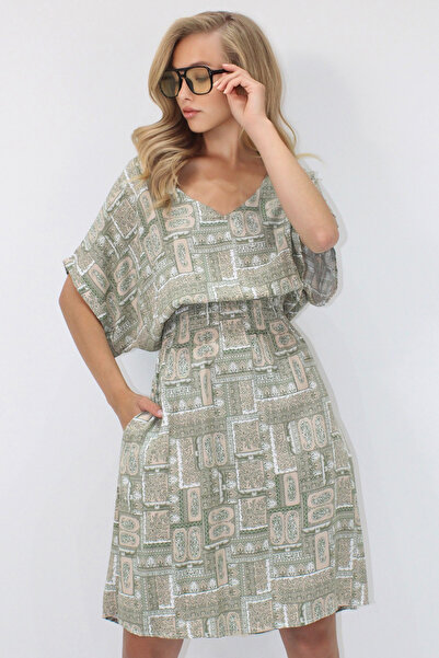 VAGGON Women's Green V-Neck Double Pocket Ethnic Patterned Waist Gipped Woven Viscose Dress Prmx14200