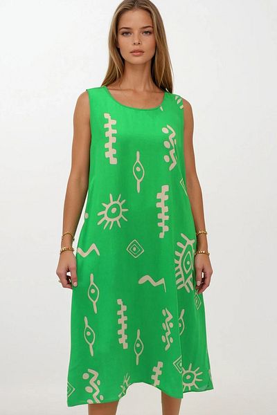 VAGGON Women's Green Patterned Double Pocket Sleeveless Relaxed Cut Dress Vs00269