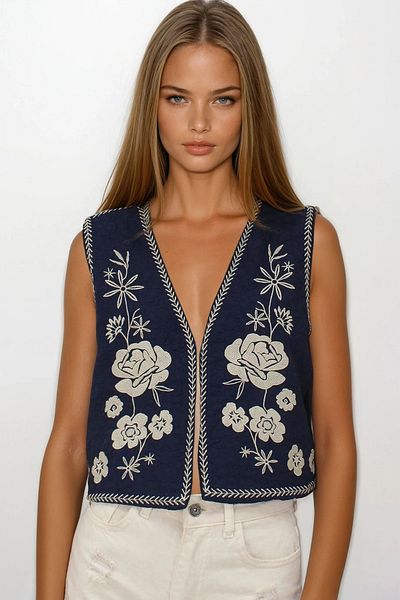 VAGGON Women's Dark Blue Embroidery Detailed Lined Textured Crop Vest Vs00242