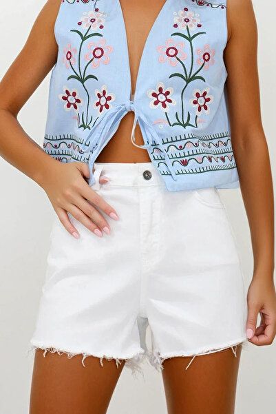 VAGGON Women's White 5 Pocket Tassel Detailed Denim Shorts Vs00254