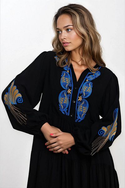 VAGGON Women's Black Half Placket Button Closure Plus Size Viscose Dress Vs00328