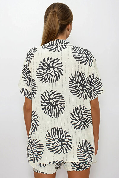 VAGGON Women's Beige Double Pocket Elastic Waist Shorts Oversize Shirt Suit Vs00216