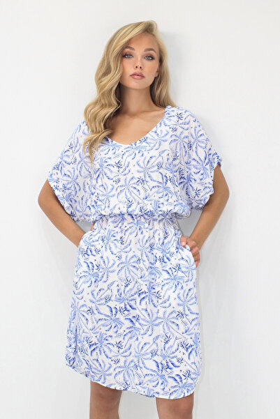 VAGGON Γυναικείο φόρεμα με λαιμόκοψη V με διπλή τσέπη με μοτίβο μέσης με υφαντό βισκόζη Prmx14201