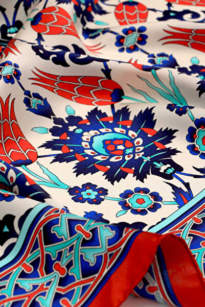 Bursa İpek Red Flower Pot Tile Tulip Pattern Silk Scarf