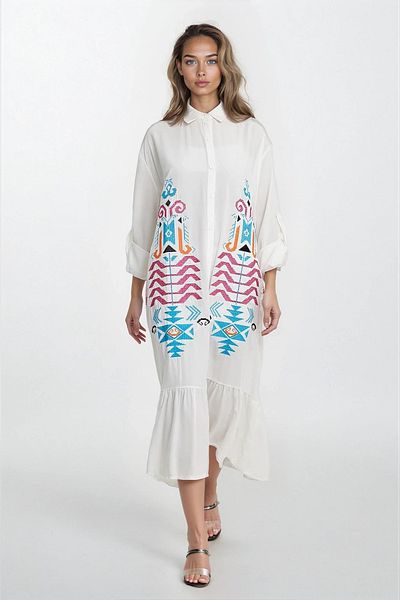 VAGGON Women's White Shirt Collar Button Embroidery Embroidered Skirt Ruffled Plus Size Dress Vs00331