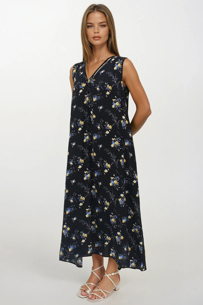 VAGGON Women's Yellow Accessory Detailed Patterned Maxi Size Double Pocket Dress Dress Vs00267