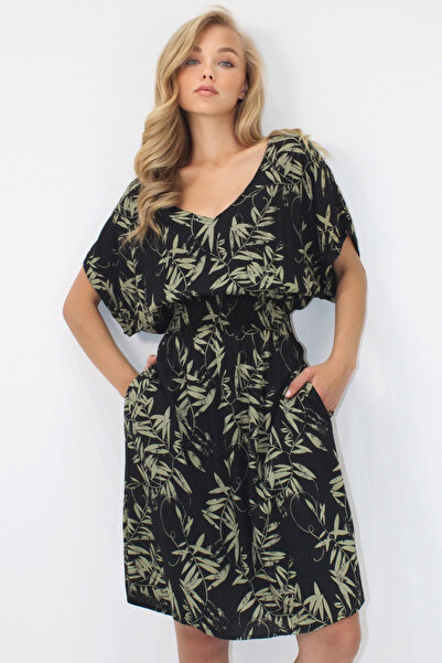 VAGGON Γυναικείο φόρεμα με λαιμόκοψη V με διπλή τσέπη με μοτίβο μέσης με υφαντό βισκόζη Prmx14201