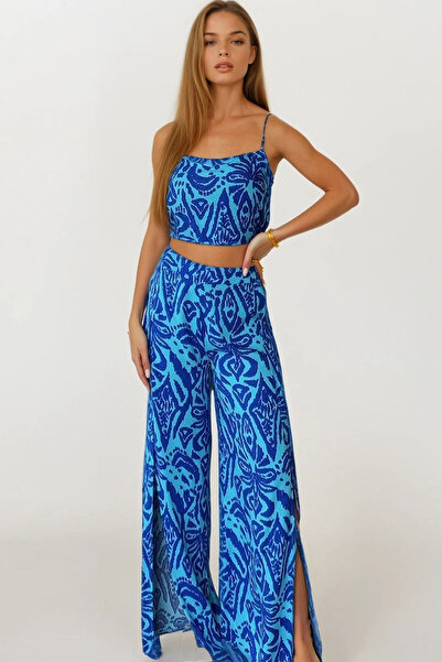 VAGGON Women's Blue Strap Blouse and Elastic Waist Slit Detailed Palazzo Trousers Set Vs00162