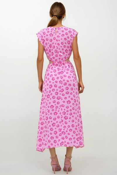 VAGGON Kadın Pembe V Yaka Cut Out İp Detaylı Desenli Maxi Boy Yırtmaçlı Elbise Vs00223