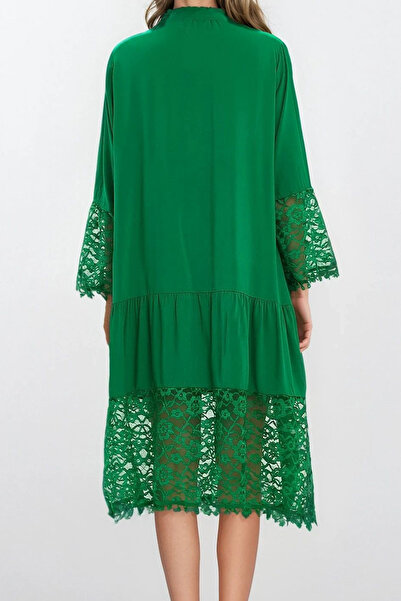 VAGGON Women's Green Judge Collar Front Button Lace Viscose Dress Vs00337