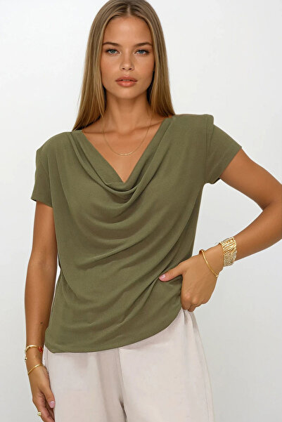 VAGGON Γυναικεία πλεκτή μπλούζα με γιακά χακί Degaje με επένδυση Vs00191