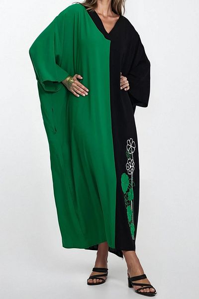 VAGGON Women's Green Front Button Double Pocket Plus Size Viscose Dress Vs00334
