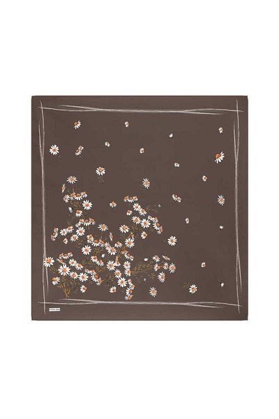 Bursa İpek Daisy Patterned Brown Twill Silk Scarf