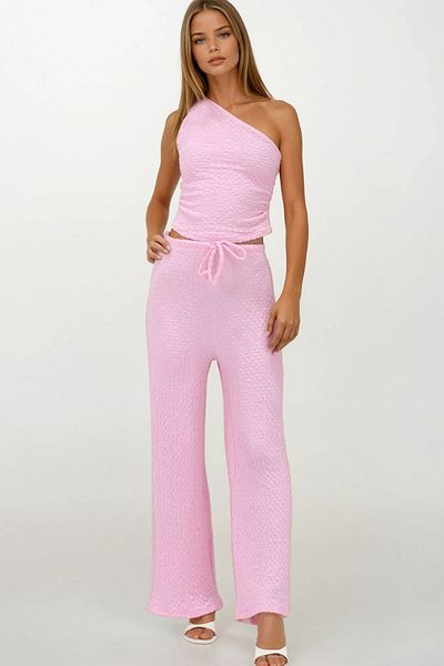 VAGGON Women's Pink Waist Drawstring and Elastic Double Pockets Pants and One Shoulder Blouse Set Vs00233