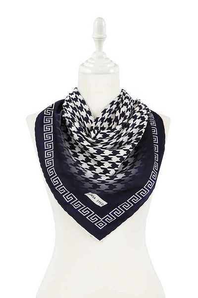 Bursa İpek Ecru Navy Blue Houndstooth Silky Scarf