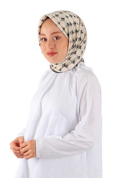 Bursa İpek Ecru Butterfly Patterned Twill Silk Scarf
