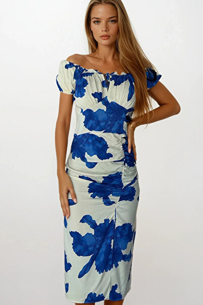 VAGGON Γυναικείο ΜΠΛΕ γιακά Madonna Φόρεμα με λουλουδάτο μοτίβο με λεπτομέρεια με φερμουάρ VS00165