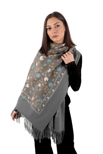 Bursa İpek Gray Embroidered Winter Shawl