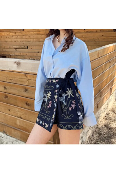SOFT Çiçek Nakış Detaylı Bağlamalı Şort-Etek Lacivert