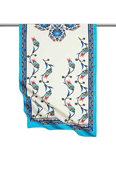 Bursa İpek Turkuaz Saks Sıra Lale Desen Geniş İpeksi Fular