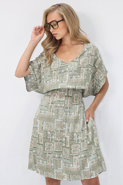 VAGGON Women's Green V-Neck Double Pocket Ethnic Patterned Waist Gipped Woven Viscose Dress Prmx14200
