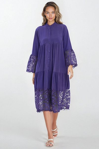 VAGGON Women's Purple Judge Collar Front Button Lace Viscose Dress Vs00337
