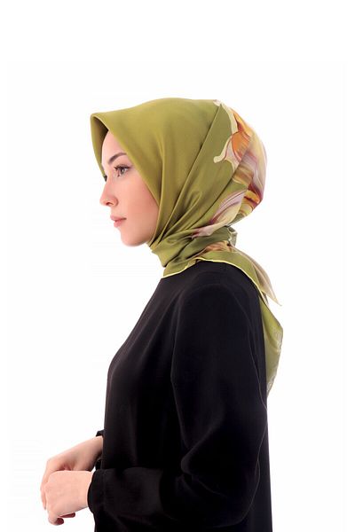 Bursa İpek Acid Green Irises Pattern Twill Silk Scarf