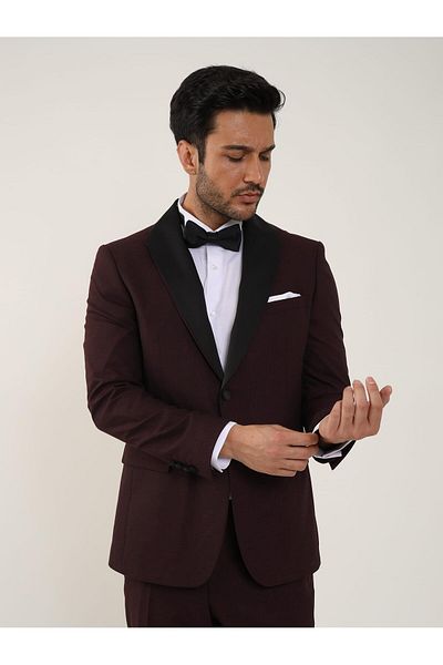 Dufy Men's Slim Fit Claret Red Tuxedo Suit - Plain Pointed Collar - 84171