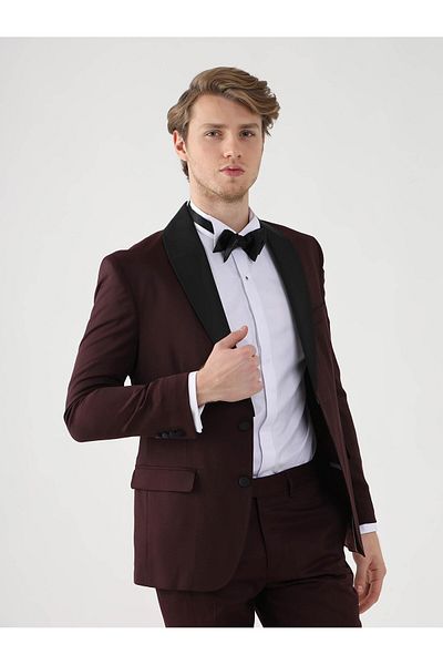 Dufy Costum smoking pentru bărbați, roșu Claret, slim fit, cu guler drept - 92433