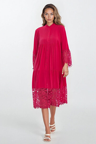 VAGGON Women's Fuchsia Judge Collar Button Front Lace Viscose Dress Vs00337
