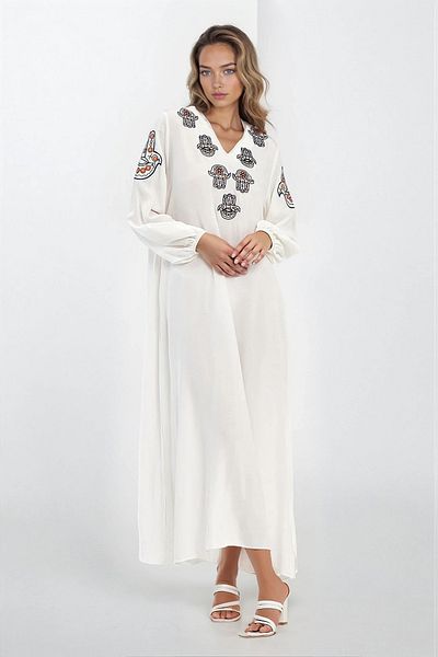VAGGON Women's White Deep V Neck Ethnic Print Dress Vs00285