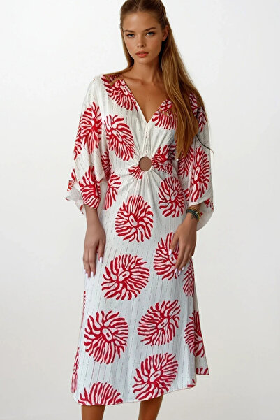 VAGGON Γυναικείο φόρεμα με κόκκινο μανίκι με λεπτομέρεια με βαθύ λαιμό V με μήκος μίντι Vs00166