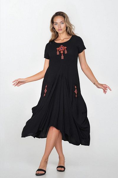 VAGGON Women's Black Double Pocket Embroidery Skirt Asymmetrical Cut Plus Size Dress Vs00311