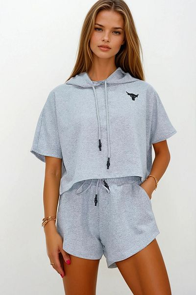 VAGGON Set de femei gri cu glugă, crop sweatshirt și shorts PRMX760-001-TK