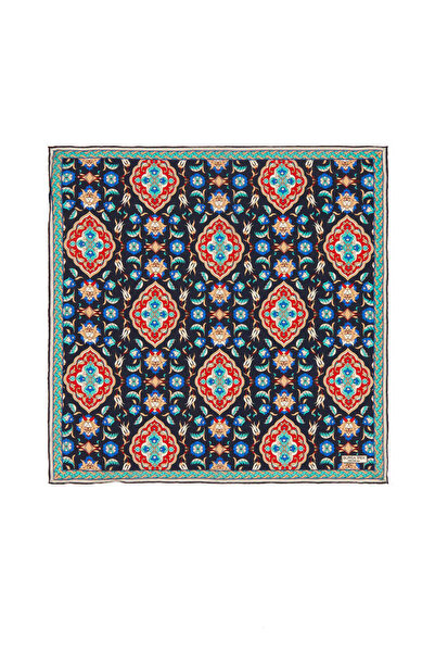 Bursa İpek Lacivert Kırmızı Çini Lale Desen İpek Mendil