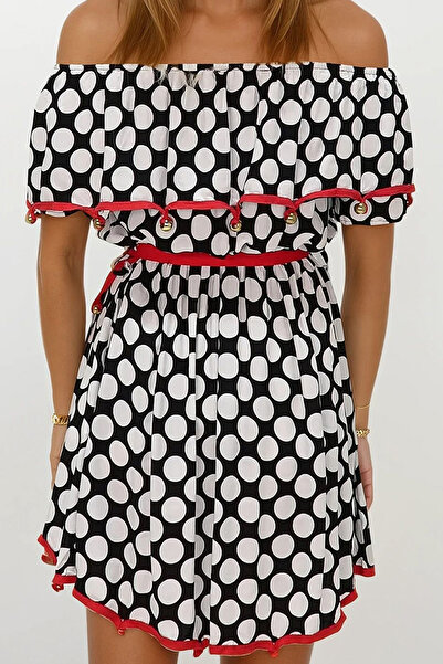 VAGGON Γυναικείο ΜΑΥΡΟ-ΛΕΥΚΟ Καλοκαιρινό φόρεμα με κολάρο Madonna με κεντημένο ασύμμετρο κόψιμο μίντι μήκους PRMX13644