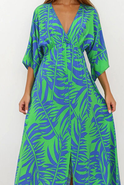 VAGGON Γυναικείο φόρεμα με διπλό γιακά πράσινο-σαξ με υφαντό βισκόζη με σχέδιο Vs00214