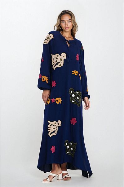 VAGGON Rochie de damă ALBASTRU ÎNCHIS cu guler de judecător, cu șireturi, mâneci elastice, cu model, mărime mare VS00317