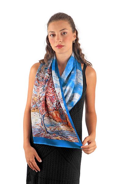 Bursa İpek Blue Peach Tree Pattern Silk Scarf