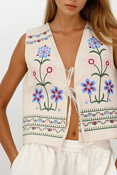 VAGGON Жіночий кремовий вишитий мереживом жилет з сирого льону з детальним дизайном Vs00241