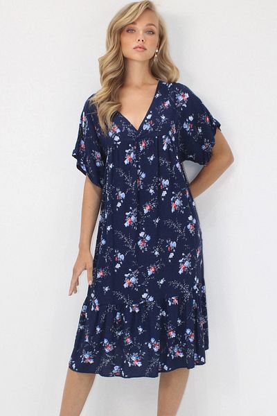 VAGGON Women's Dark Blue V-Neck Double Sleeve Patterned Casual Cut Double Pocket Woven Viscose Dress Prmx14196