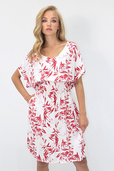 VAGGON Γυναικείο κόκκινο φόρεμα με λαιμόκοψη V με διπλή τσέπη με μοτίβο μέσης με υφαντό βισκόζη Prmx14201