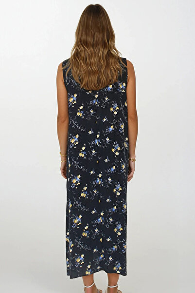 VAGGON Women's Yellow Accessory Detailed Patterned Maxi Size Double Pocket Dress Dress Vs00267